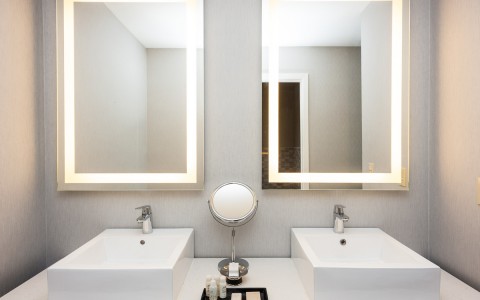 bathroom sinks and mirrors in king suite 