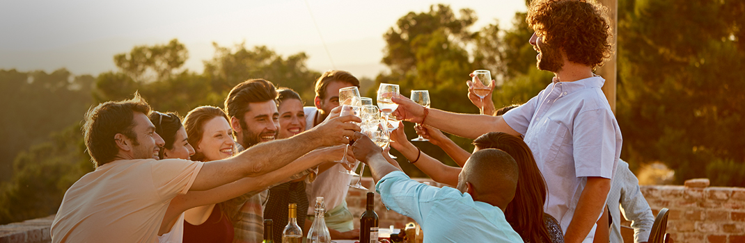 group of people toasting in the sun 