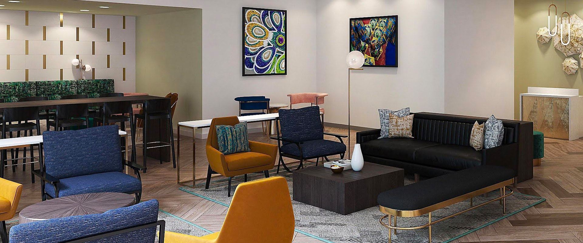 view of lobby with mid centry modern furniture sofa and chairs and eclectic art