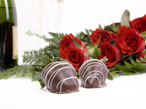 chocolate strawberries and red roses