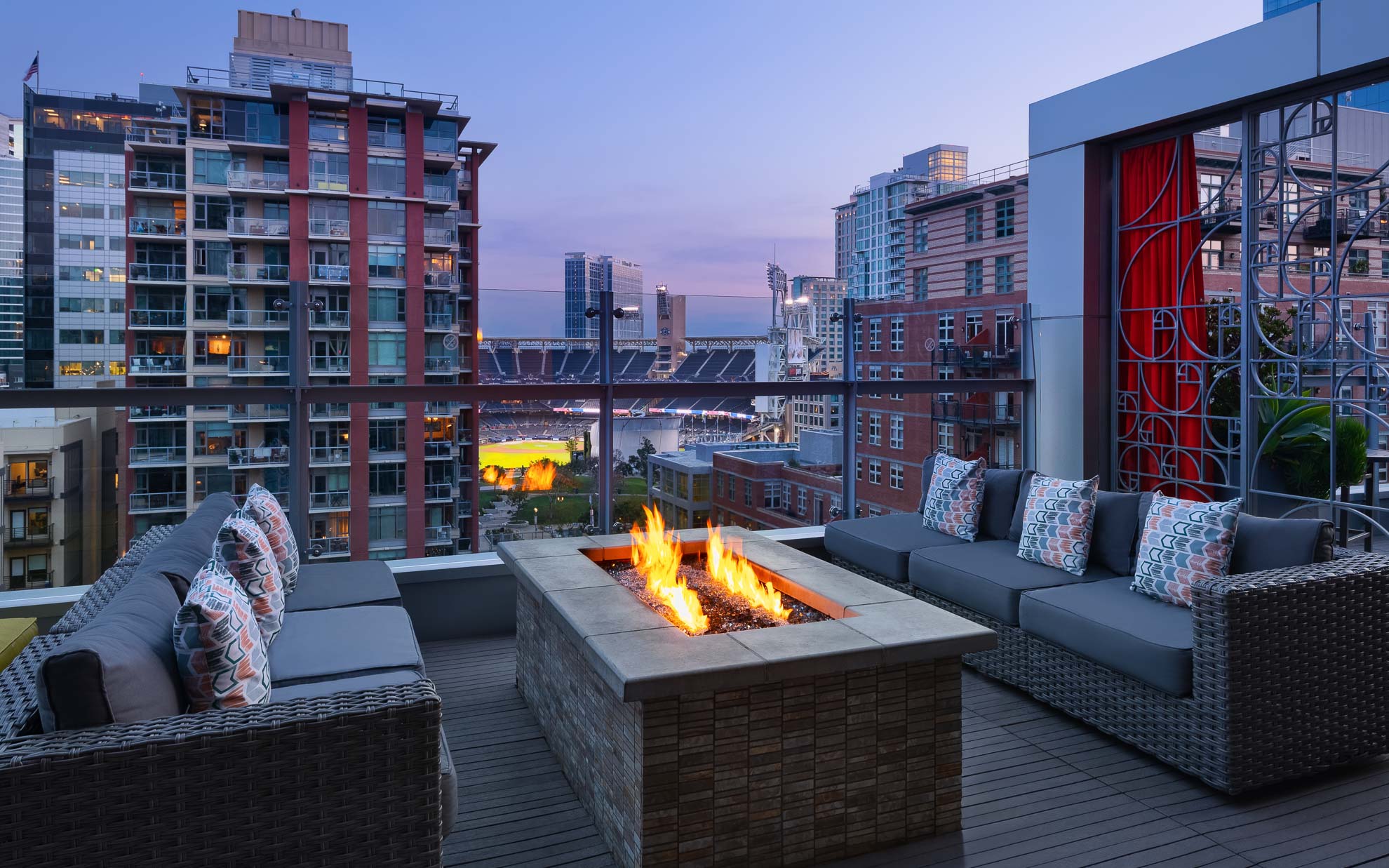 rooftop lounge area with fireplace