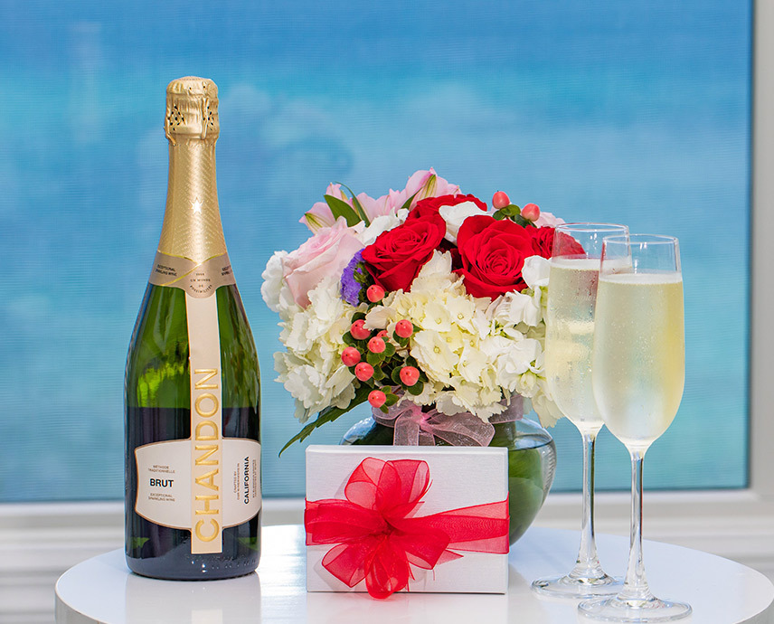 flower arrangement with champagne