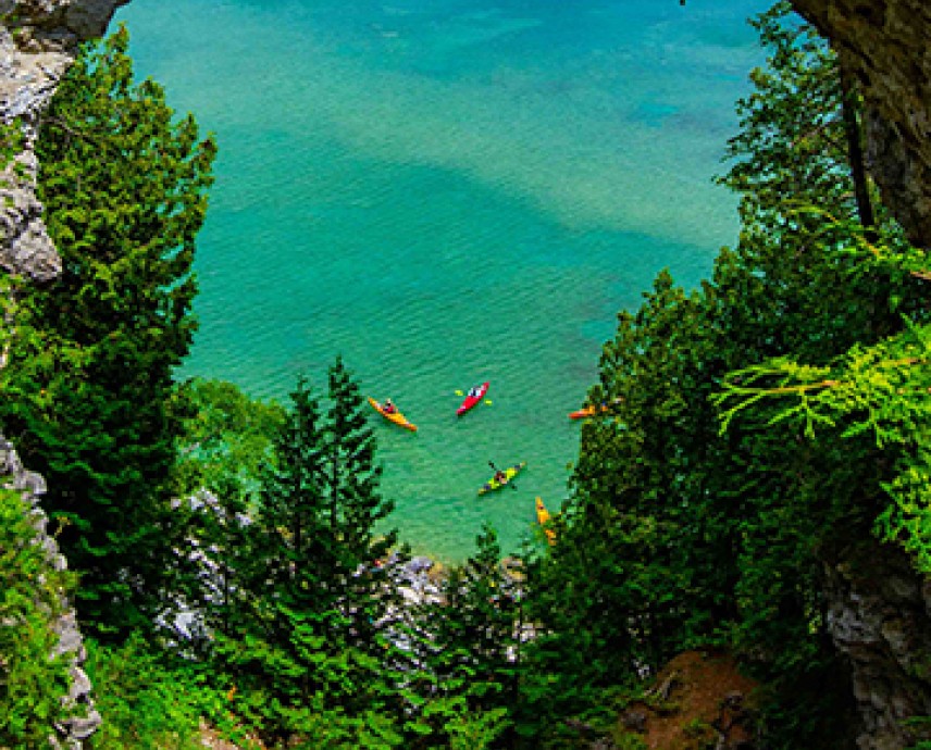 overhead view of a group of colorful kayaks through the trees