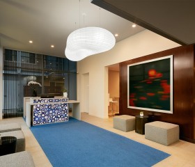 hotel lucent lobby with blue carpet 