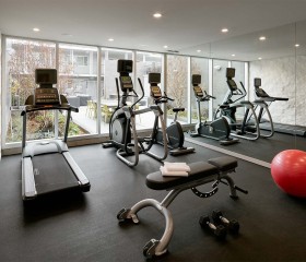 gym room with treadmills, elliptical machines and benches 