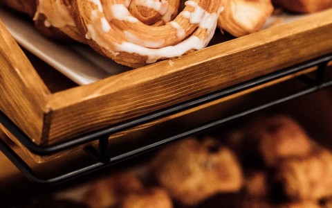 Pastries on wooden trays