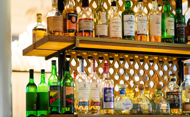 Bar at Zino with a dozen liquor bottles