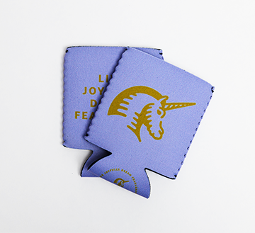 light blue beer  koozies with hotel logo