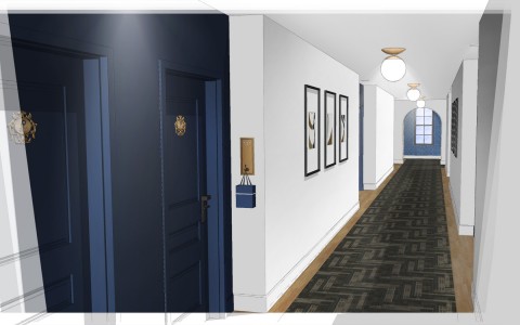 corridor with white walls, circular lighting, pictures on the walls