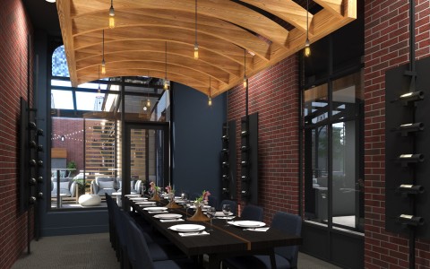 private dining room with wood arches and black table