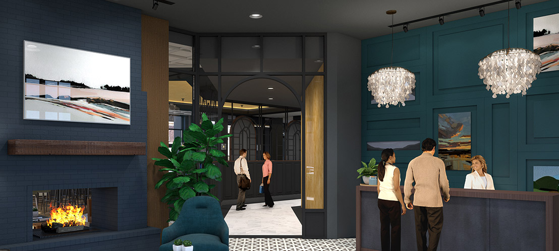 rendering of hotel lobby with people at the reception desk