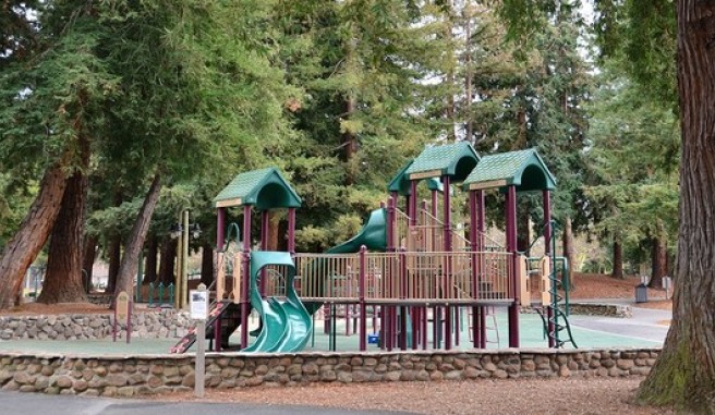 Cuesta Park, children's play outdoor play area surrounded by large trees.