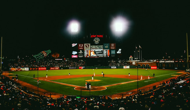 San Francisco Giants view of ATT Park at night from home plate