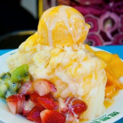 giant bowl of sorbet and fresh cut fruit