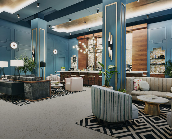 hotel lobby with blue walls and modern furniture