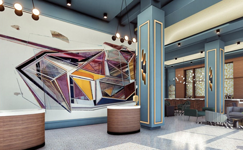 lobby with large mural artpiece and blue painted walls