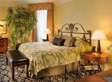a guest room with a queen bed