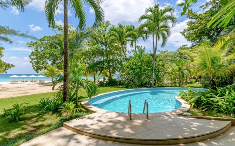 Curved pool with tropical trees and a beach.
