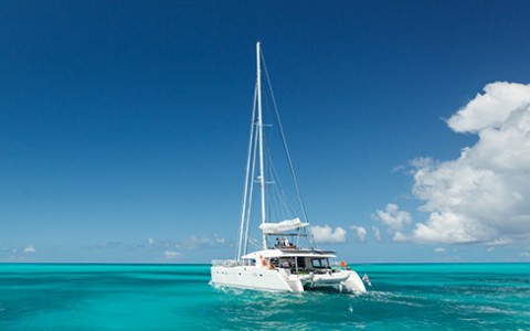 Large white catamaran in the bright blue ocean during the day.
