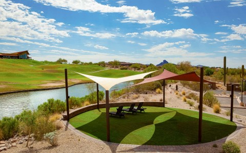 overhead view of outdoor sitting area with a view of the golf course
