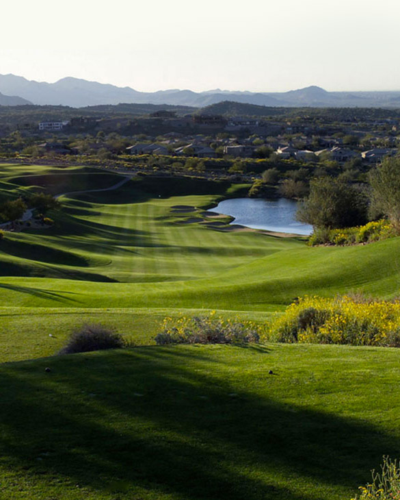 view from golf course with the mountains in the background