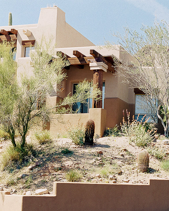 exterior of hotel building lined with desert shrubbery