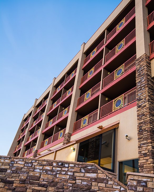 exterior of hotel balconies decorated with stonework