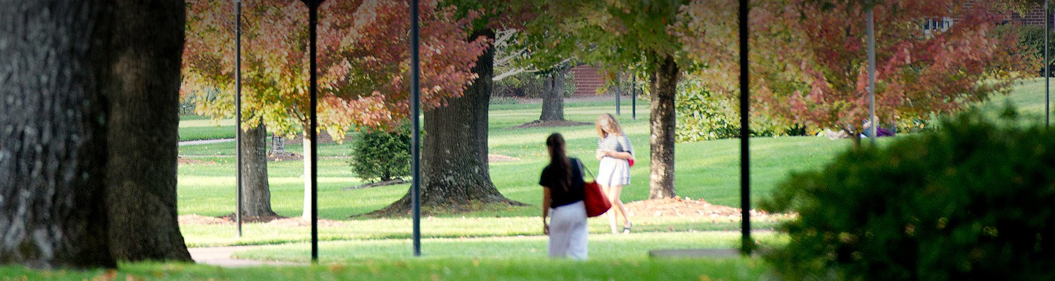 two women walking on a sidewalk in between grass and fall trees