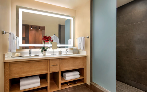 hotel bathroom vanity with mirror and towels