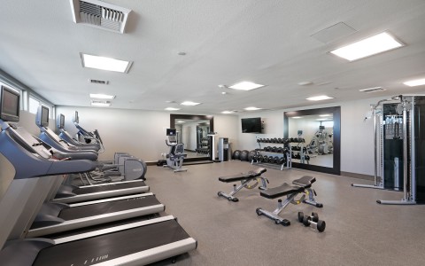 the fitness center inside the hotel with machines and weights