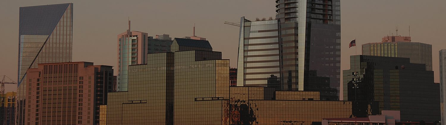 Atlanta city scape view showing tall buildings at sunset
