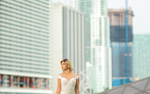 a bride in her wedding dress, on the skylawn with other buildings in the distance