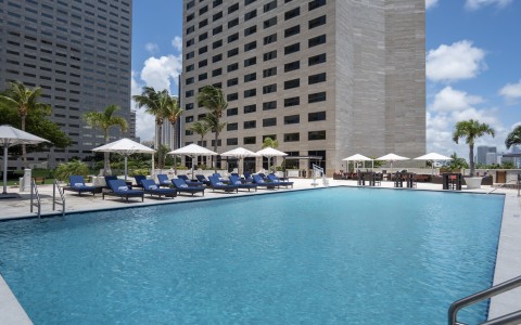 the pool view on a sunny day. white umbrellas covering lounge chairs and a long view of the clear blue pool