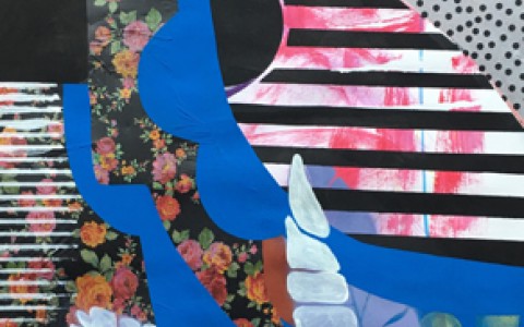 modern art image with blue and pink lines with orange flowers