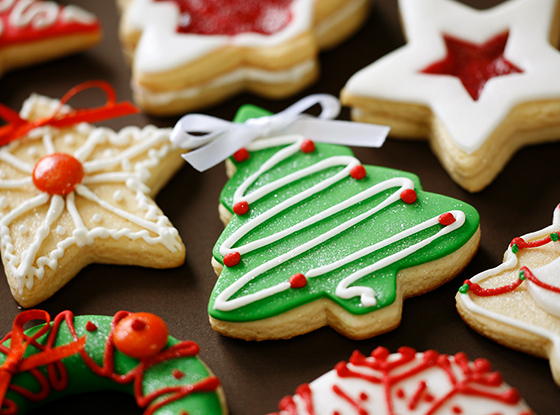 Christmas cookies decorated with green, red, and white frosting