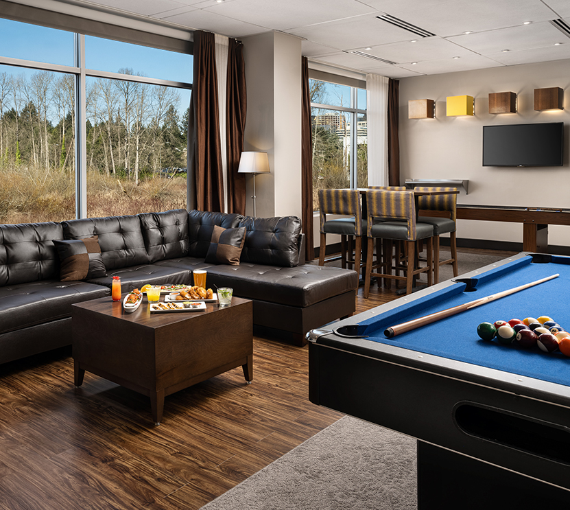 lounge room area with blue felt pool table
