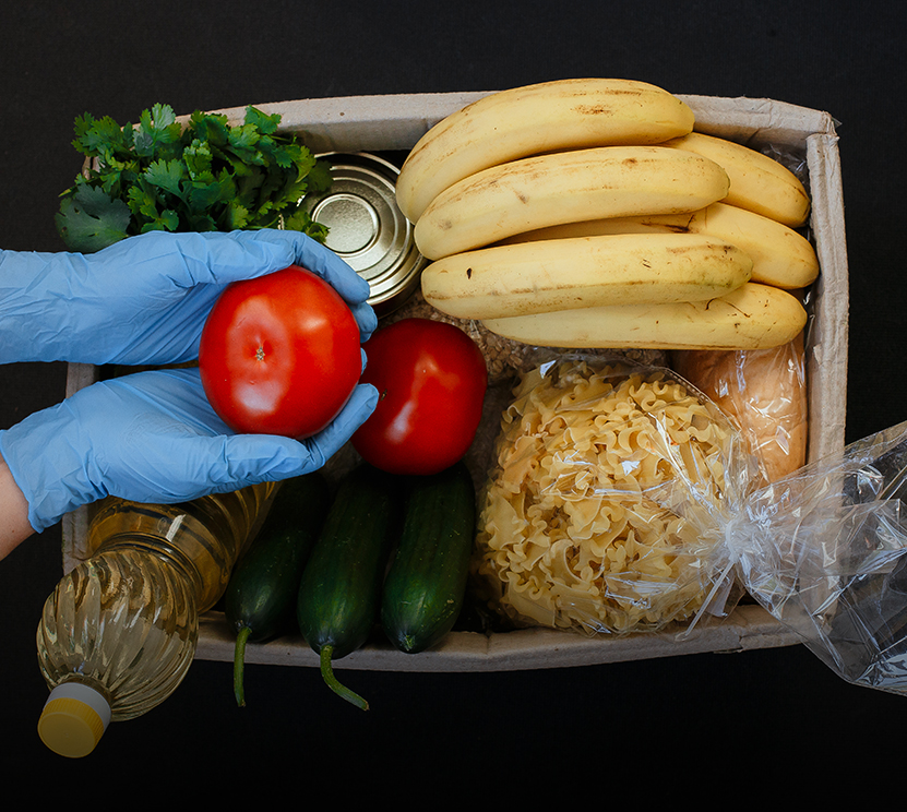 gloved hands holding fruits