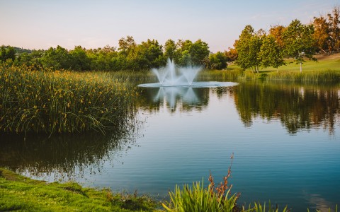 a large pond with three small fountains in the middle