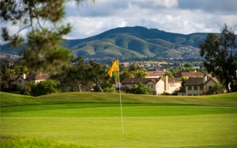 a close up of a yellow flagstick with tan buildings in the distance