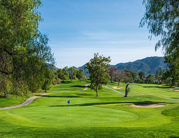 a blue flagstick on the green with trees to the left and right as well as mountains in the distance