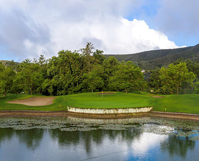 lush landscape on the golf course with a lake and mountain 