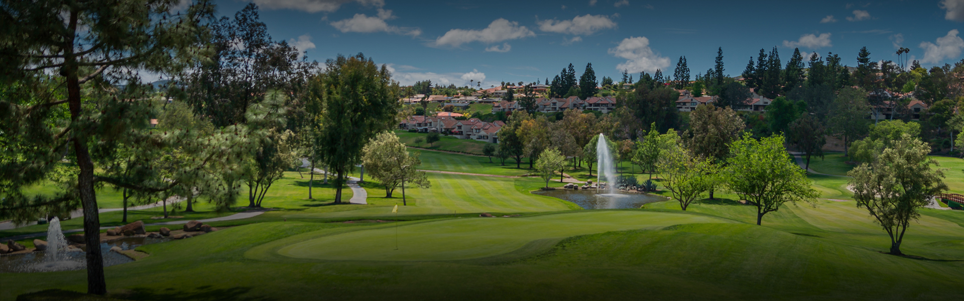 a well maintained golf course with a fountain and tall trees