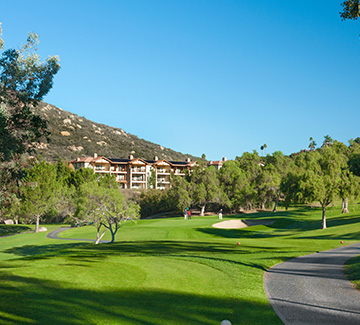 a paved path for the golf carts on the right and light colored buildings to the left