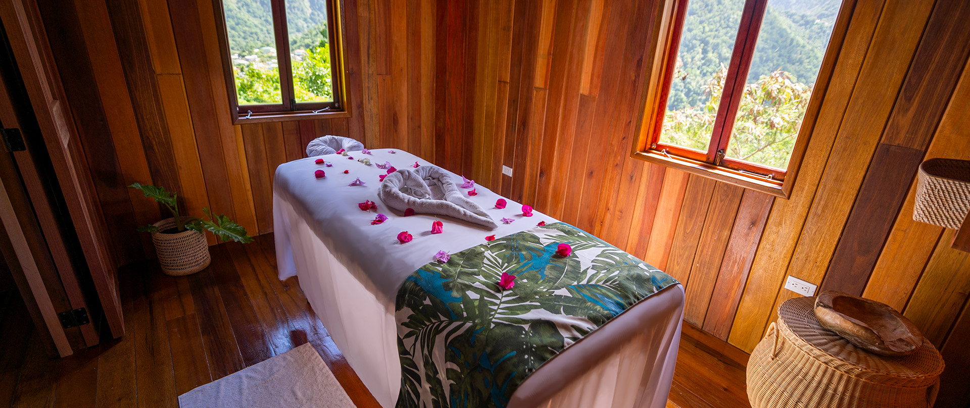 massage room with a decorated massage bed