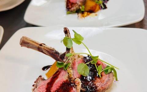 view of multiple entree plates of lamb chops