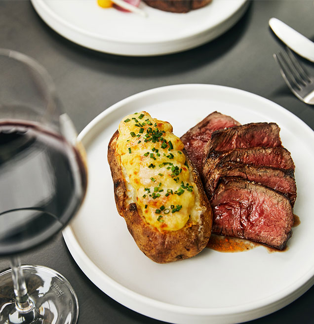 plate with steak and baked potato and a glass of wine