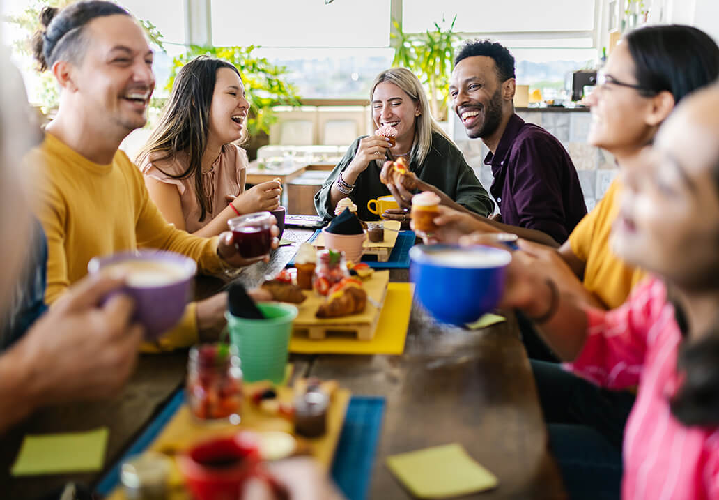 View of a group of friends having a holiday party