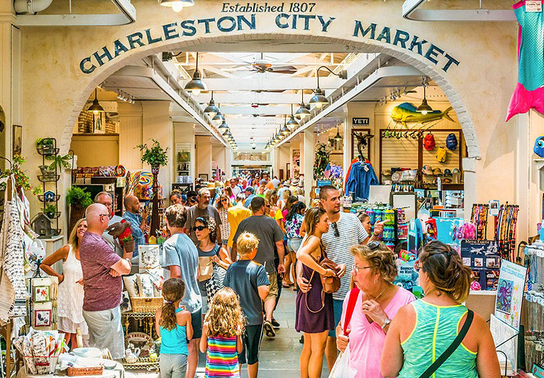 Charleston city market with people browsing at merchandise