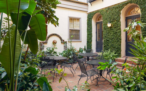 Outdoor terrace with black metallic tables & plants