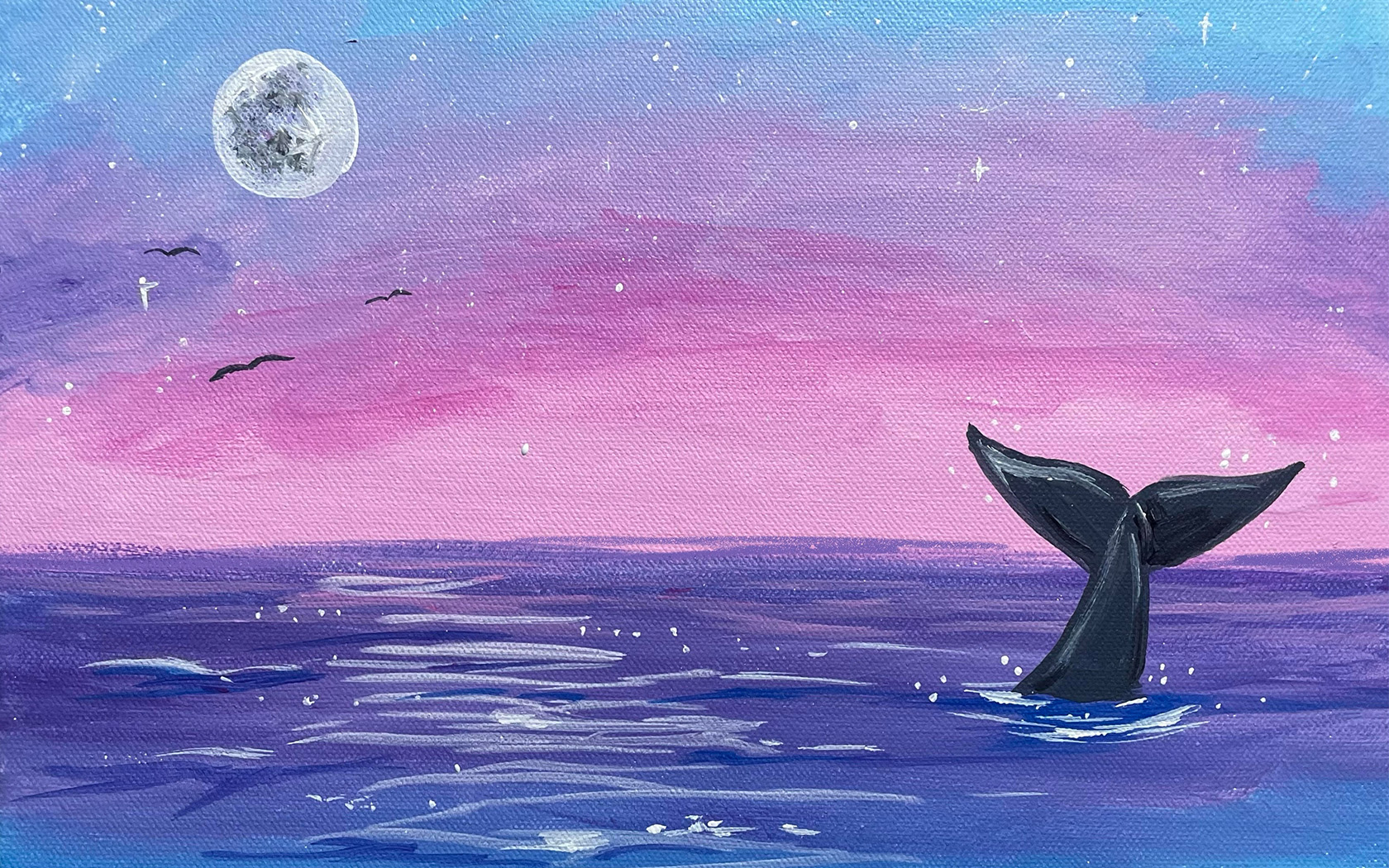 painting of whale in ocean at night